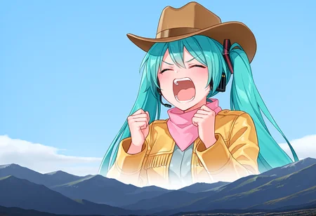 masterpiece, high quality, best quality, 1girl, solo, giantess, alternate costume, cowboy western, cowboy hat, yellow jacket, upper body,  hatsune miku, landscape, closed eyes, shouting, mountainous horizon, sky, cloud, clenched hands, <lora:big_enough_meme:1>