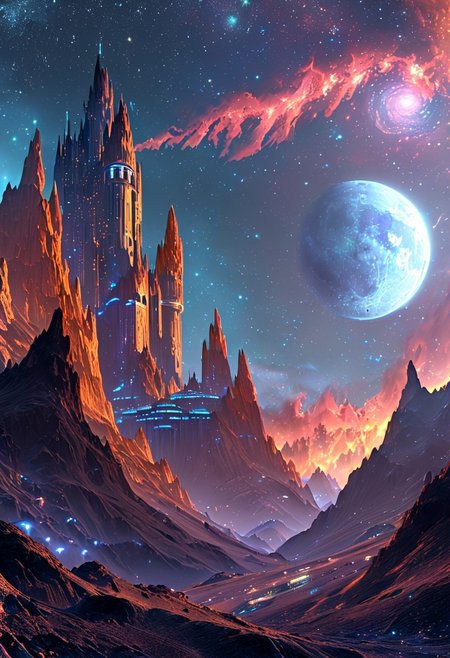 A captivating night scene illustration featuring a bright and inviting futuristic space base on a great  great mountain. The great technologically advanced base and mountain are much like Neuschwanstein Castle in Bavaria. Spaceships fly overhead. This enchanting artwork captures a dark but comforting night, where 2 brilliant moons hang above and over the  great valley  and advanced space fortress which  stands resolute amidst the great mountains, creating a cinematic experience., space_backround, illustration, cinematic
<lora:DonM3t3rn1tyXL-v1.1:0.7>, DonM3t3rn1tyXL,
OverallDetailXL  <lora:MJ52:0.3>  <lora:SDXLFaeTastic2400:0.4>  <lora:EpicF4nta5yXL:0.7>