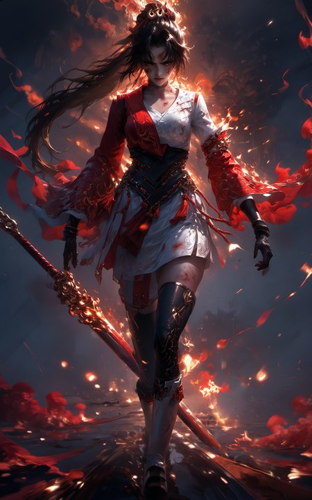 score_9,score_8_up,score_7_up,
Overall Detail,(best quality:1.1),(masterpiece:1.2),(detailed:1.1),(highres, best quality:1.2),(ultra HD quality details)(anime_source) (dynamic angle) very aesthetic,rating_questionable,uncensored,
<lora:YunYingPonySSS5:1>,yunying,1girl,solo,
gloves,boots,thighhighs,long sleeves,wide sleeves,(knee boots:1.7),skirt,leather waist guard,red and white outfit,brown hair,red cord,tassel accessory,
black hair,medium breasts,
sweat glistening,(blood:0.2),(injured:0.8),((fire)),flame background,hair,hair between eyes,((blood)),(((too many scars))),
straight_hair,(((((very long hair))))),portrait center,wind-blown hair,wind,hair floating free,deadpan,
scrabbed,complex background details,exaggerated special effects,human  purgatory,a cold expression,
screen burning,
huge filesize,wallpaper,game cg,(((wounding on the face))),(((there is blood on the face))),full of scars,scars and bruises,(bruise:1.4),(injury:1.5),
full_shot,(standing:1.3),Dynamic Angle,(magnifire:1.1),flame ground,(flame background:1.4),
the picture is full of fire,a woman born of fire,fighting_stance,
a heroic gesture,handsome posture,(gorgeous action:1.2),
Add flames on the ground and in the sky,creating a fiery landscape.,fisheye,foreshortening,cinematic_angle,
cool pose,confident,elegant movement,fluid,dynamic,heroic,confident,graceful,(dark:1.2),undead bird,burning,ponytail,a shocking scene,shocking,wind,shiny skin,walk on the flame,red and white skirt,(feet:1.2),