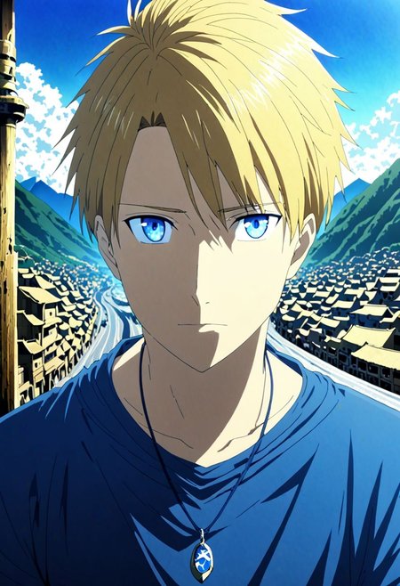 high resolution, solo, best quality, 1Boy, Yamato Ishida, Blond Hair, Blue Eyes, Necklace, travel photography, OverallDetail