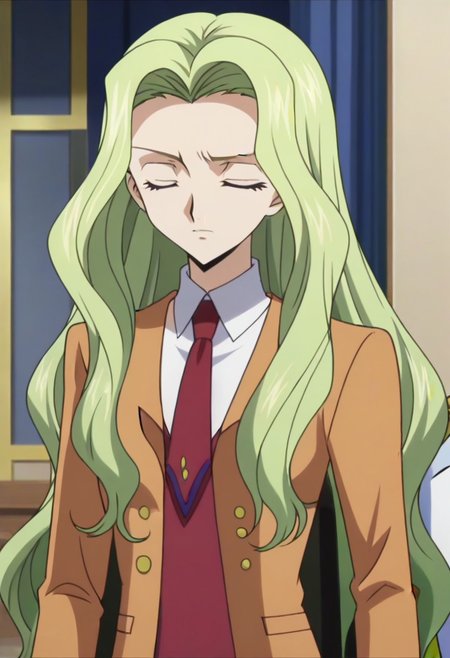 anime screencap, masterpiece, best quality, Code Geass anime art style, <lora:Nunnally_Lamperouge:1>Nunnally Lamperouge, 1girl, ashford academy school uniform, long hair, necktie, school uniform, closed eyes,