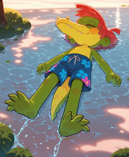<lora:ArloIllustrious:1> Arlo Beauregard, alligator, red hair, freckles, young, scalie BREAK
wet, relaxing, feet, floating, sleeping, on back high-angle view, water, swimming trunks, safe, happy, BREAK
<lora:spo_sdxl_10ep_4k-data_lora_webui:1> highly detailed, detailed background, absurdres, high resolution, 8K, highres, 4k, 2k, high detail, masterpiece, best quality, amazing quality, very aesthetic, absurdres,  newest, scenery, ultra-detailed, newest, scenery, volumetric lightingâââ