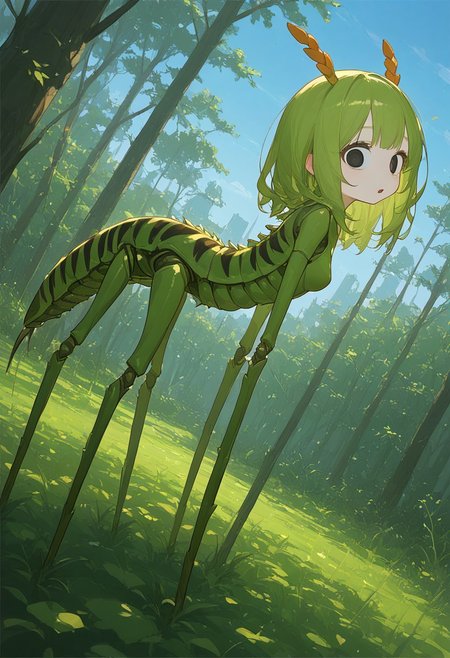 score_9, score_8_up, score_7_up, score_6_up, score_5_up, score_4_up, Expressiveh, (feral insect girl, feral caterpillar girl:1.2), full body shot, rearing up, perky breasts, green caterpillar, open mouth, cute, petite, (arms down at sides), single orange horn, (two-pronged horn), green body, leaves, looking at viewer, ((crawling, slithering, many legs:1.2), big bulbous head, long body, gigantic eyes, expressionless, wide eyes, centipede legs:1.3), black eyes, black irises, (dilated eyes), yellow sclera, big eyes, outdoors, blue sky, sunny day, black stripes, (dutch angle, diagonal view, side view:1.3)