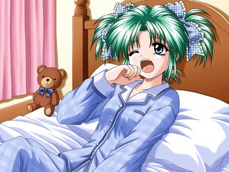 general,highres, ultra-detailed,very aesthetic,best quality ,best hands, BREAK <lora:Minase_Ruka_Akumu_AoiKajitsunoSange_IS:1>
Minase_Ruka, 1girl, solo, green hair, short twintails, blue eyes, hair ribbon, blue plaid ribbon, 
one closed eye,
blue pajamas, long sleeves, pajamas, teddy bear, on bed, shirt, hand up, curtains, polka dot,
Yawn,
