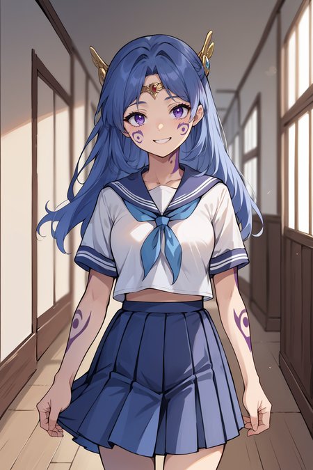 score_9, score_8_up, score_7_up, score_6_up, source_anime BREAK 1girl, solo   <lora:tialuna-pdxl-nvwls-v1-000006:1> tialuna, blue hair, purple eyes, facial mark, tattoo, circlet, hair ornament, blue serafuku, white shirt, short sleeves, pleated skirt, hallway, smile, looking at you