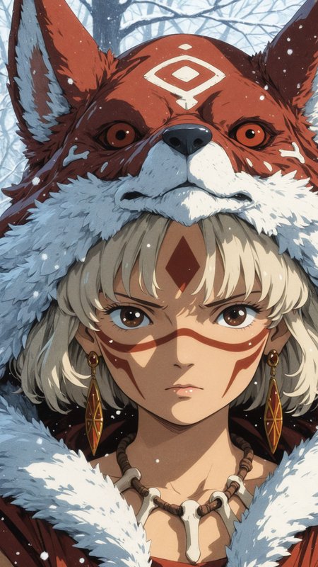 1woman, female, (studio ghibli \(style\):1.3), retro artstyle, (painterly:1.2),portrait, <lora:add-detail-xl:1>,
masterpiece,best quality,
young warrior, platinum blonde hair, short hair, wavy hair, piercing brown eyes, detailed eyes, tribal face paint, red face paint, wolf shaped hood, fur trim, deep red tunic, battle outfit,large earrings, ornate earrings, white earrings, bone necklace, 
fierce expression, determined, intense expression, mystical forest backdrop, snowing, snow, trees, vibrant hand-painted anime style, intricate shading, bold outlines, high-detail illustration, cinematic lighting,
looking at viewer, facing viewer, dynamic angle