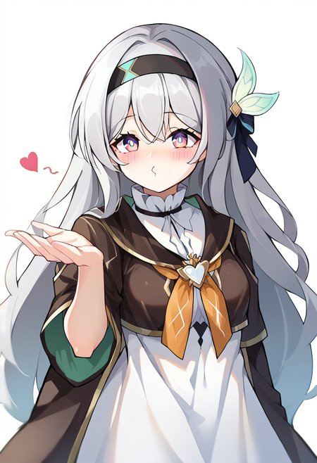 score_9, score_8_up, score_7_up, source_explicit, source_anime,
BREAK
1girl, solo,  
<lora:FrierenBlowingKissMeme_XLPD:1.0>, IncrsBlowingKiss, heart, (blowing kiss:1.2),
<lora:Firefly-v2.5.3-PDXL:0.8>, fireflydef, jacket, dress, bow, hairband, hair ornament, grey hair,
white background, 
BREAK
depth of field, lights, illumination,
<lora:GoddessofNikkie_PonyXL:0.9>, Nikkedusk_Style