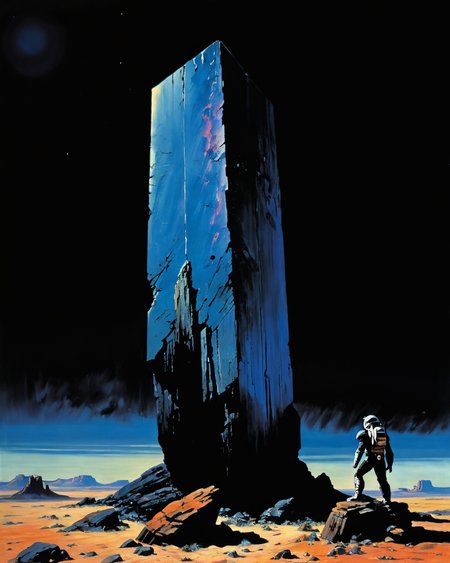 Monolith, 2001 space odyssey, Frank Frazetta style,  lapis, black background, <lora:add-detail-xl:1.0>  <lora:xl_more_art-full_v1:0.5>