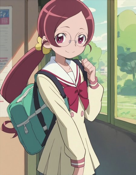 score_9, score_8_up, score_7_up,1girl,solo, anime screencap,hanasakitsubomi, 1girl, school uniform ,cowboy shot,ponytail,glasses,long hair,looking at viewer,smile,blush<lora:hanasakitsubomi:0.8>