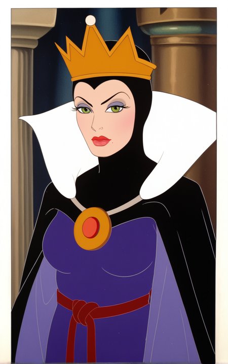 score_9, score_8_up, score_7_up, looking at viewer,  BREAK
Dress_QueenGrimhilde_ownwaifu,
1girl, crown,  makeup, lipstick, red lips,  green eyes,  eyeshadow, breasts,
red rope, rope belt, cape, dress, long sleeves, brooch, gem, robe, wide sleeves, purple dress, purple cape,  jewelry, high collar, silk,
(portrait, head tilt, looking at viewer), white border, bokeh, <lora:PONYXL_SnowWhite_QueenGrimhilde_ownwaifu:0.7>, solo,