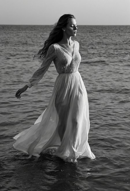 cinematic still a woman is walking by the water with a flowing dress on, 1girl, solo, long hair, long sleeves, dress, closed mouth, standing, monochrome, closed eyes, greyscale, outdoors, water, lips, see-through, floating hair, ocean, wind, realistic, nose, horizon . emotional, harmonious, vignette, 4k epic detailed, shot on kodak, 35mm photo, sharp focus, high budget, cinemascope, moody, epic, gorgeous, film grain, grainy, (masterpiece), (best quality), (ultra-detailed), a woman is walking by the water with a flowing dress on, 1girl, solo, long hair, long sleeves, dress, closed mouth, standing, monochrome, closed eyes, greyscale, outdoors, water, lips, see-through, floating hair, ocean, wind, realistic, nose, horizon, illustration, disheveled hair, detailed eyes, perfect composition, moist skin, intricate details, earrings, a woman is walking by the water with a flowing dress on, 1girl, solo, long hair, long sleeves, dress, closed mouth, standing, monochrome, closed eyes, greyscale, outdoors, water, lips, see-through, floating hair, ocean, wind, realistic, nose, horizon, sharp focus, very detailed, highly attractive, dramatic