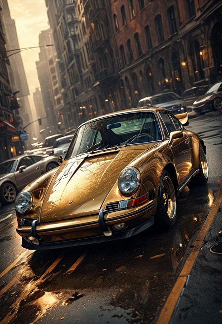 artwork Fantasy art by Aleksi Briclot,high quality, photorealistic, incredible details, realistic lighting,  old porsche, perfect lighting, evening, vibrant, high detailed, epic, aesthetic, hyper detailed, smooth, high contrast, volumetric lighting, golden ratio, octane, vibrant rich deep color,high contrast, well defined