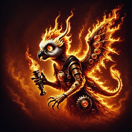 embedding:lazyup,flamestyle, a steampunk owl with gears forged from smoldering brass perched atop a clocktower engulfed in eternal flames, intricate cogs ablaze. <lora:Flame_Style-000009:0.8000000000000002> <lora:TrendCraft_The_Peoples_Style_Detailer-v2.0A-3_13_2025-PonyXL:0.4000000000000001>