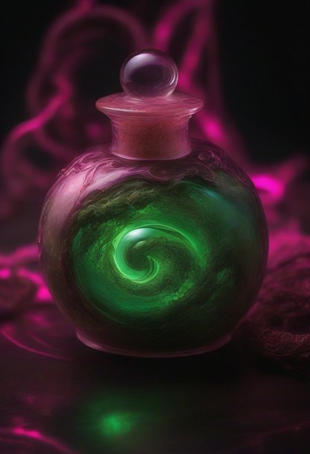 Score_9, Score_8, Photorealistic magic potion, intricate glass bottle, vibrant swirling green and pink colors, ethereal light, wax seal, cork, dynamic reflections, magical aura, highly detailed, fantasy essence, glowing particles, radiant aura