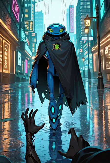 <lora:ulteco-10:1> ulteco, pokemon (creature),blue robot, green eyes, closed mouth, dark scene, missing left arm, damaged robot, cloak, hood, black cloak, lamp post,raining, cyberpunk city, lamp post pov, birds view, neon lights, puddle, , ray tracing,, masterpiece, best quality, amazing quality, very aesthetic, absurdres, newest,