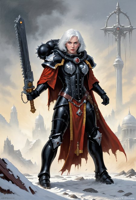 (Art by Drew Struzan), (masterpiece, best quality, hyper detailed, ultra realistic, 32k, RAW photo), full body shot of single adepta sororitas, black power armour, short red cape, holding a  single
 long masssive 40kchainsword, messy white hair, slight smile, dramatic pose, snowy ruins in background, gold:0.2 details, <lora:add-detail-xl:0.8> <lora:adepta_sororitas_xl_v1:1>  <lora:Desolation:0.3> <lora:Chainsword_-_Warhammer_40000_SDXL:1> <lora:RMSDXL_Enhance:0.8> <lora:quality1:0.8>