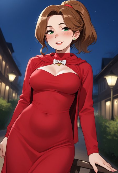 <lora:ratatatat74_style_pdxl_goofy:1>, 1girl, solo, score_7_up, mature mother, caramel hair, ponytail hair, green eyes, tanline, (flirty expression:1.2), depth of field, (valentines costume), night outside, dutch angle, ht_sanjimerisa, sfw, safe for work