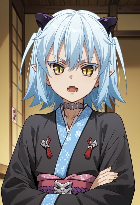 score_9,score_8_up,score_7_up,source_anime, Shiroyasha,1girl,solo,open mouth,long sleeves,upper body,horns,japanese clothes,choker,indoors,fang,kimono,sash,obi,crossed arms,slit pupils,black kimono,