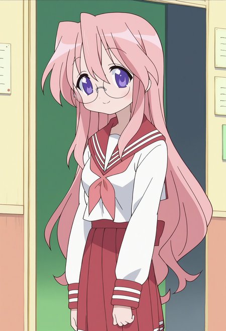 score_9, score_8_up, score_7_up, score_6_up, score_5_up, score_4_up , anime coloring ,BREAK source_anime, anime,screencap,
1girl, solo, lsmiyuki, 1girl, solo, school uniform, school shirt, sailor collar, pink neckerchief, grey pantyhose, glasses, red skirt, <lora:PonyXL LS Miyuki V2:1>
indoors, 
smile, looking at viewer,