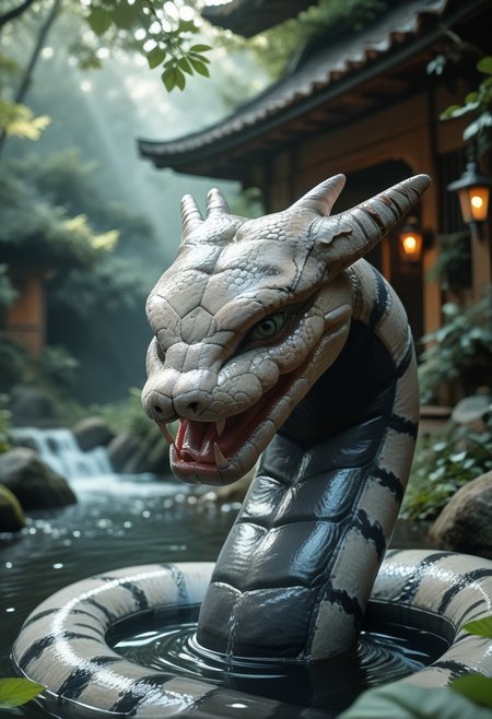 (((score_9, score_8_up, score_7_up)):2.0), source_photo, hyperrealistic, photo, photorealism,  realistic lightings, Dynamic Lighting, s1_dram, Warm lighting, Japanese garden, cherry trees, detailed background, (((Naruto_Manda, snake))), slit pupils, green eyes, purple body, body markings, black eye markings, 2 pair of horns, black belly scales, highly detailed, cinematic lighting, realistic shadows, skin texture realistic, masterpiece, award winning photography