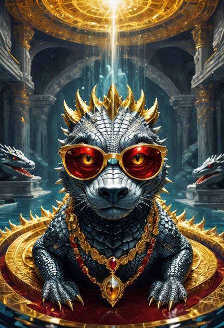 Divine Crocodile with extraordinary details relaxing in the pool in a relaxed style while wearing glasses, Golden and silver in color, Diamond and Onyx eyes, a crimson tinge to the golden color, Hyperdetailed, Omnipresent, Beautiful, Sinister overtones, A clash of Good and Evil in the background promoting Golden silver and Crimson Blacks, full body, otherworldly