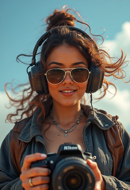 photorealistic photography of energetic  woman with tied curly hair, wearing reflective aviator sunglasses and large, sleek headphones, wind blowing through her hair, smiling confidently, clear blue sky with fluffy clouds, ultra-realistic, high-definition rendering, intricate details in her jacket and accessories, holding a dslr NIKON camera.  photorealistic skin texture with natural freckles, dynamic lighting, vibrant color palette, cinematic composition, detailed reflections in the sunglasses, lively urban background, glowing sunlight, rich and warm tones, dynamic movement, modern and youthful vibe





The woman characteristic are dark skinned, long eyelashes, thick lips, thick eyebrows, tall, beautiful large round eyes, large breasts, long hair, two toned colored hair, extremely long bangs,  brown eyes. She is wearing a JBL wireless headphones, necklace, ring, neck tattoo, piercing, bracelet, fake nails,

extremely intricate details, cinematic lighting and effects, dynamic pose, extremely intricate background details, solar flare, light reflection from her silver necklace

