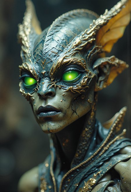 futuristic alien with iridescent, scaled skin, luminous green goggles, and a headpiece of delicate golden filigree extending like wings. <lora:Ethereal Grace - s1 g4.safetensors:0.5>,  <lora:Movie_Portrait.safetensors:0.8>, <lora:- Flux1 - soothing_atmo_V2.0.safetensors:0.4>, <lora:lith_mimosa_kiel_grw134_FLUX.safetensors:0.7>,