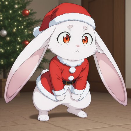 masterpiece, best quality, amazing quality, emulslfILv2, semi-anthro, female, rabbit, white fur, reddish orange eyes, santa outfit, red hat, solo