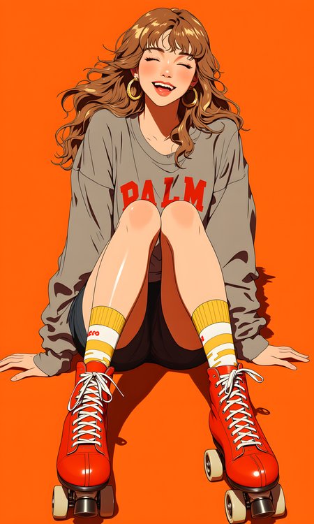 The image features a woman sitting on the floor against a vibrant orange background. She has long, wavy hair with highlights, giving it a light brown to blonde ombre effect. Her face is lit up with a bright, joyful smile, and her eyes are closed in a moment of happiness or laughter. She is wearing large hoop earrings that add a touch of elegance to her casual look.
She is dressed in a gray sweatshirt with red lettering that reads "PALM," which is partially visible. The sweatshirt is loose-fitting, adding to the relaxed vibe of the image. Her legs are bent at the knees, and she is wearing red roller skates with white laces and yellow and white striped socks. The socks have a retro feel, complementing the overall nostalgic aesthetic of the image.
The camera appears to be positioned slightly above her, capturing her from a frontal angle. The lighting is even and bright, highlighting her features and the colors of her clothing and accessories. The orange background provides a warm and cheerful backdrop, enhancing the overall positive mood of the image.
There are no other objects or elements in the background, keeping the focus solely on the woman and her outfit. The composition centers her in the frame, with her legs and roller skates drawing attention due to their bright colors and unique style. The overall effect is one of fun and carefree enjoyment, capturing a moment of pure happiness.
BREAK anime, d13s3lp2nk, bboil artist style, OBdonman, Anime art, <lora:FLUX\Anime Art V3:0.2>, <lora:FLUX\Synesthesia:0.2>, <lora:FLUX\RetroAnimeS1.1:0.5>, <lora:FLUX\Flux-jijia:0.1>, <lora:FLUX\It's a LoRA for portraits, BUT! actually specialized in backgrounds. v1.0:0.1>, <lora:FLUX\GLSHS:0.2>, <lora:FLUX\Dieselpunk Delight - s0_9 g4:0.4>, <lora:FLUX\OBdonman, anime0style portrait:0.1>