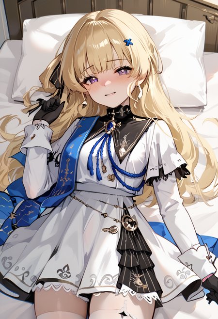 score_9, score_8_up, score_7_up, BREAK source_anime, (masterpiece), (best quality), 1girl, blonde hair, purple eyes, long hair, black gloves, solo, smile, lied on bed, white dress, missionary pose, long sleeves, hair ornament, embarrassed, blushed, looking at viewer, (ultra detailed), (from front:1.3),  <lora:Phoebe-V1:1>