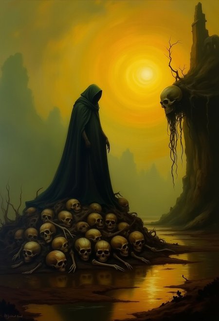 A liamin style painting depicting a haunting, surreal scene set in a desolate, foggy landscape. The central figure is a tall, hooded figure draped in a dark, flowing cloak, seated on a pile of human skulls. The hood obscures the figure's face, adding to the eerie atmosphere. The skulls are arranged in a chaotic, almost ritualistic manner, some piled high while others are scattered around the figure's feet. The ground beneath the figure is a reflective, dark brown surface, suggesting it might be mud or water, further enhancing the dreamlike quality of the scene. In the background, the sky is a vivid, swirling yellow and orange, suggesting a dramatic sunset or a scene bathed in supernatural light. To the right, a skeletal, ruined structure with dripping, dark tendrils hangs in the air, adding to the sense of decay and desolation. The fog is thick and envelops the scene, giving it a ghostly, otherworldly feel. The overall color palette is dominated by dark browns, grays, and muted greens, contrasting starkly with the bright, fiery sky. The artwork employs a high level of detail in the skeletal structures and textures, creating a haunting, nightmarish ambiance.