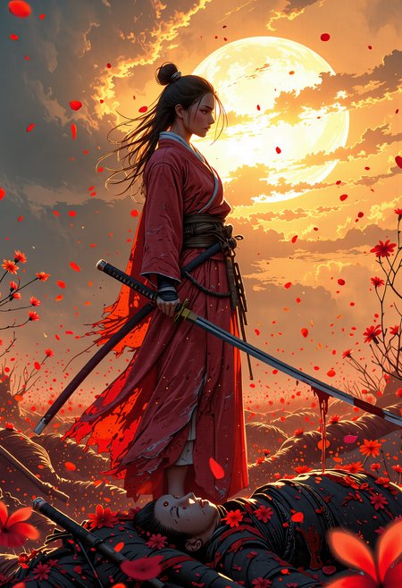 anime style, mythp0rt,In the aftermath of a fierce battle, a beautiful female warrior stands tall in the center of a blood-stained battlefield. Her body is surrounded by the fallen, yet her presence remains serene, almost ethereal, as if she is untouched by the violence that surrounds her. The first light of dawn breaks through the dark clouds, casting a golden glow over her figure, illuminating her like a blooming flower in the midst of chaos. Her katana, dripping with blood, hangs loosely in her hand, yet her expression is calm, focused, and resolute. Around her, the wind gently stirs, carrying the scent of both blood and blossoming flowers. The contrast between the gore and the soft light of dawn creates an atmosphere of quiet strength, beauty, and the inevitability of rebirth even in the darkest of moments <lora:FluxMythP0rtr4itStyle:0.5>  <lora:MJanime_Flux_LoRa_v3_Final:1>  <lora:Sword Sakura:0.77>
