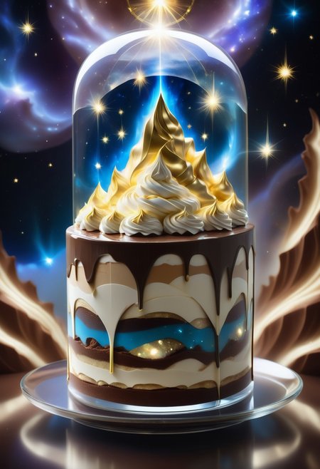 a tiramisu cake inside a thin glass, surrounded with golden stardust mist and cocoa powder, detailed with blue aura quartz by jed-auraquartz