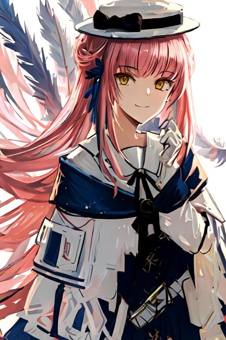 solo_focus, 1girl, ((white background, simple background)):2, (((masterpiece))), ((best quality)), ((ultra-detailed)), high resolution, absurdres, highres, ultra-detailed 8k unity wallpaper, 
ceylon_arknights, long_hair, bangs, pink_hair, feather_hair, feathers, hat, white_headwear, yellow_eyes, blue_feathers, bow, hair_bun, hat_bow, smile, black_bow