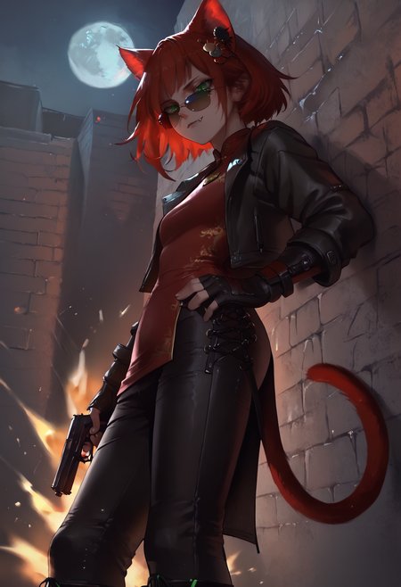 score_9, score_8_up, score_7_up,
solo, 1girl, skinny, catgirl, tail, bob hair, red hair, green eyes, slit pupils, fissure eyes, smile, detailed eyes,
hair ornament, red long shirt, satin shirt, wide millitary pants, chinese clothes,  leather jacket, (sunglasses), boots, fingerless gloves, fully clothed,
night, japan city, brick wall, low angle, holding gun, serious face, concentrated, leaning against the wall,
fang, explosion, moon, low angle, looking side, side view, good hands,
<lora:Expressive_H:0.3>, <lora:as109Style:0.8>, <lora:LLDN:0.6>, <lora:Niji-Art_Style_by_Uoh:0.4>,  <lora:low-key_lights_v2:0.3>, n3ko, <lora:anti_human_ears:1>,