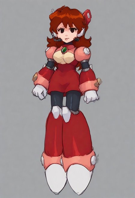 megamanreploid, android, gloves, armor, bodysuit, robot ears, headset, white gloves, Alia's bodysuit, red dress, mecha dress, armored dress, GF FNF