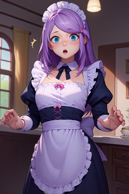 score_9, score_8_up, score_7_up, score_6_up, source_anime, 1girl, solo, <lora:rzanastasia-pdxl-nvwls-v1-000006:1> rzAH, lavender hair, long hair, swept bangs, maid headdress, maid dress, apron, puffy sleeves, looking at you, surprised, blush, indoors