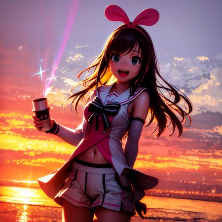 masterpiece, best quality, photorealistic, 3D, shiny_skin, shiny_hair, dynamic angle, beautiful detailed glow, HDR, Rembrandt lighting, colorful refraction, lens flare, bloom, film Reflection, chromatic aberration, light diffusion, public indecency, cowboy shot, deep meaning, physically-based rendering, bright, vibrant, intricate, 1girl,kizuna ai,<lora:kizuna ai:1.0>,  :d