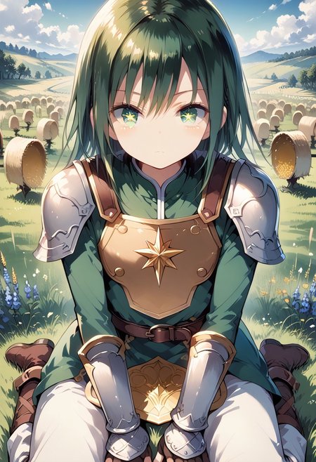 score_9, score_8_up, score_7_up, 1girl,FujisakaLP,high definition eyes, (masterpiece), (best quality), (ultra detailed),(disheveled hair),(illustration), (best shadow), detail1eye, sakuya, magicpunk style, incredibly absurdres, concept art, best quality, perfect lighting, illustration, vanishing point, sitting, looking at viewer, mature male character, 1boy, (no mouth:1.3), male focus, masculine, green hair, Dyed Bangs, sparkling eyes, wearing (fantasy style crotch plate and shin guards:1.1), field of wheat, finely detailed background, amazing background