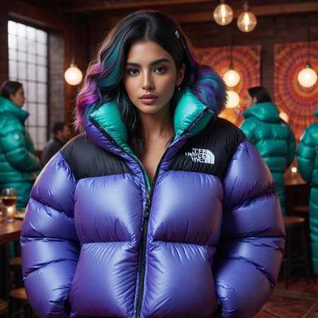dark cinematic still with dark vibes, full body shot of overalls  hispanic professional women  wearing an Psychedelic prints   extra_puffy_jacket tnf_nuptse,  unique hair styles,   looking at the camera, shallow depth of field, 8k uhd, dslr,  high quality, photorealistic, realism, hyperrealism,
, fine dining scene 
 <lora:Puffer_Jacket_and_Down_Jacket_-_Extra_Puffy_Jackets:0.6>,   <lora:pufferdown_tnf_nuptse:0.4>