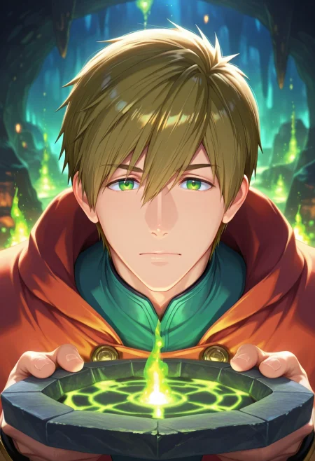 masterpiece, best quality, , (photorealistic:0.6), looking at viewer, 1boy, solo, male focus, <lora:makoto_tachibana_ilxl:0.96>, makoto_tachibana, brown hair, green eyes, hair between eyes, tachibana makoto, subterranean forge, magma anvils, stone tools, glowing furnaces, crafting pose, concentrated expression, underground glow,