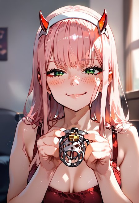 score_9, score_8_up,  highly detailed, 1girl, smirk , blush, ((holding chastity cage)), 
zero two, (green eyes:1.5), hairband, horns, long hair, pink hair, red horns, white hairband <lora:holding_chastity_cage_PDXL_768_dim32-a1-adamW-000005:0.7>