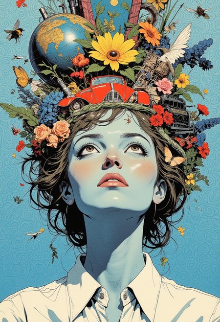 A surreal digital collage centers on a close-up of a woman’s serene face, her skin a soft light blue (#ADD8E6), blending harmoniously with the light blue (#ADD8E6) background that features a subtle, intricate pattern adding depth without distraction. The woman’s neutral expression and light makeup highlight her natural beauty, while a white shirt further grounds the composition. Her wide-open eyes gaze slightly upward, as if contemplating the vibrant crown of intricately arranged objects and animals above her. The crown is an explosion of diverse and detailed elements: a globe, a vivid red car, a vintage typewriter, a radiant yellow flower, a butterfly mid-flight, a hovering bee, a small bird perched gracefully, a coiled snake, and lush plants and flowers. Each element is meticulously rendered, with vivid textures and striking colors that create a balance of contrast and harmony. The composition blends traditional collage techniques with digital manipulation, resulting in a highly layered and detailed artwork. The serene woman serves as a grounding focal point, while the dynamic, chaotic crown evokes whimsy and introspection. The contrast between her calm demeanor and the vibrant surreal elements creates a visually captivating and imaginative piece.