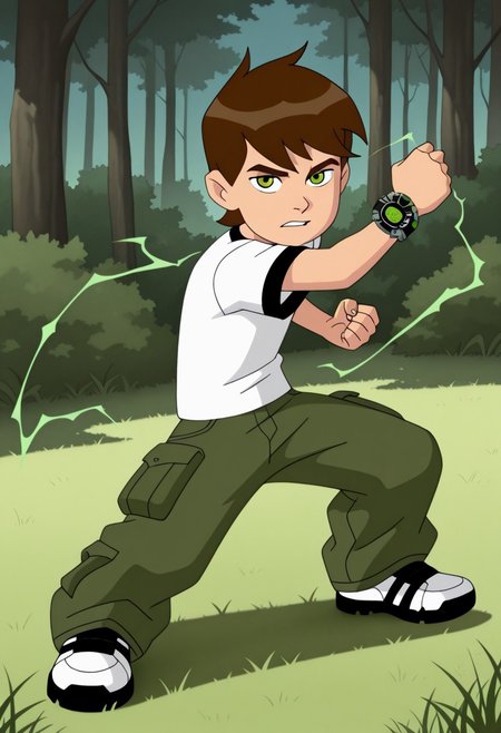 masterpiece, best quality, amazing quality, very aesthetic, high resolution, ultra-detailed, absurdres, newest, grass, trees, 1boy, looking at viewer, ben tennyson, brown hair, green eyes, white shirt, cargo pants green, sneakers, cel shading, black illustration line, soft shading, highly detailed texture, cel shading, black illustration line, soft shading, highly detailed texture, mid-jump in an intense action pose, slamming down watch, green energy bursting from watch, green electricity coming from watch, watch on left wrist, green energy emanating from watch