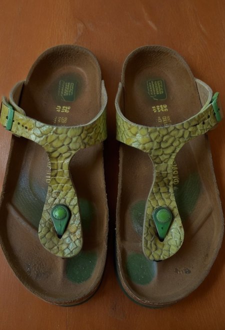 still_life, no_humans, simple_background, white_background, gizeh, gizehunworn, close-up, footwear_focus, patterned, orange-green-red, worn_shoes, worn_insoles, smelly_shoes