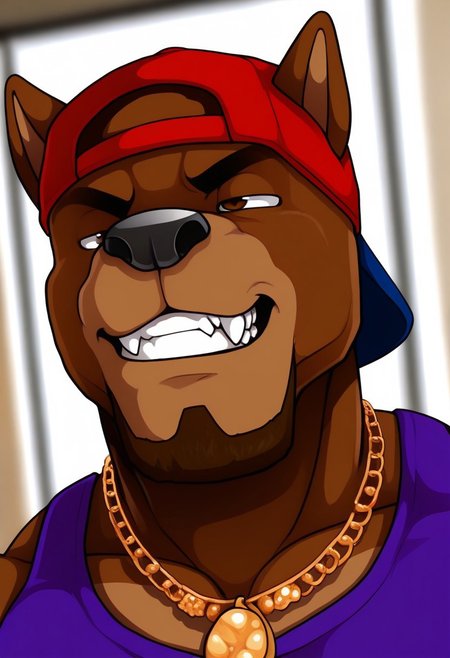 <lora:FletcherV1:1>, fletcher, dog boy, pitbull, brown fur, short hair, facial hair, brown eyes, perfecteyes, muscular male, bara, athletic build, long torso, furry male, furry, 1boy, solo, beautiful, hyper-detailed, highres, depth of field, very aesthetic, vibrant colors, high sharpness, soft shading, dynamic angle, cinematic lighting, detailed background, purple tank top, crop top, shorts, backward baseball cap, gold jewelry, necklace, close up, face focus, portrait, grin, fangs, lidded eyes