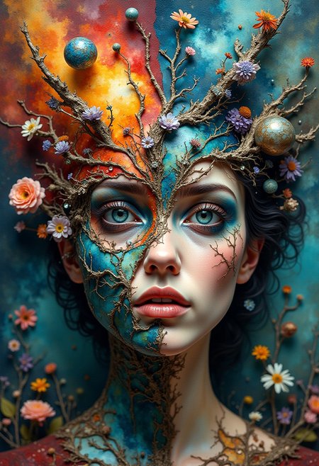 Create an abstract, strange, and mysterious image of a woman. The image should be mosaic shattered into two contrasting halves, each telling a different part of her enigmatic story. One half should be colorful and stone, filled with intricate, detailed patterns that evoke a sense of mystery and depth. The other half should be lighter, with surreal, artistic elements that hint at her hidden secrets and inner world. The overall composition should be detailed and artistic, blending the two halves seamlessly to create a captivating and thought-provoking piece of art