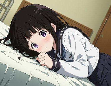 score_9, score_8_up, score_7_up, source_anime,
eruchitanda, <lora:eru-chitanda-s1-ponyxl-lora-nochekaiser:1>,
eru chitanda, long hair, black hair, bangs, blunt bangs, purple eyes, sidelocks,
skirt, school uniform, serafuku, kamiyama high school uniform \(hyouka\), black skirt, long sleeves, black sailor collar,
indoors, bed, bed room, on side, blush, drunk,
looking at viewer, cowboy shot, dutch angle,