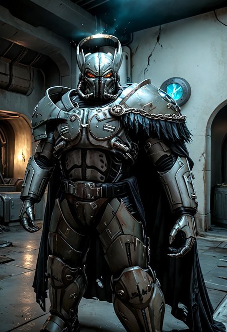 A colossal, unstoppable war-mech stands in a dynamic, predatory pose, emanating an atmosphere of a brutal warrior culture where every element of its armor is a deadly weapon. Enormous biomechanical wings sprout from its back, their edges honed razor-sharp, ready to slice through foes. A wicked karambit knife is integrated into the belt buckle, and the entire suit is etched with intricate Norse-like runes, shimmering with arcane power. Drawing upon Warhammer 40K Space Marine, Halo Spartan, and Mandalorian influences, this mech’s design also echoes Megatron’s industrial brutality and anime mech detailing. The figure’s huge, multi-barreled plasma gatling cannon crackles with energy, underscoring its lethal dominance on the twisted alien battlefield. Torn, flowing robes sweep around its spiked pauldrons, hinting at grim, dark, gothic undertones. The dark storm clouds and jagged alien spires in the background enhance the epic scale, lit by crackling neon biopunk tubing woven into the armor. Cinematic lighting, ultra-detailed textures, and photorealistic rendering in 8K resolution convey a hyper-real, award-winning shot, trending on ArtStation. A truly awe-inspiring display of raw power capable of making even Terminators or ED-209 quake in fear.