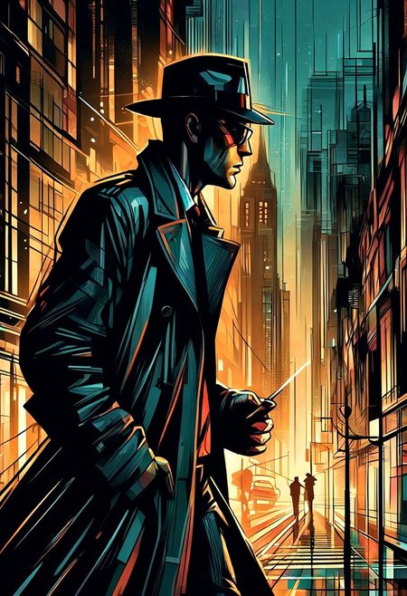 A hard-boiled noir detective in a fedora and trench coat stands under a streetlight on a rainy city street, smoke from a cigarette curling around him. Art Deco buildings, shadows, reflections, extreme close-up, portrait, moody lighting.